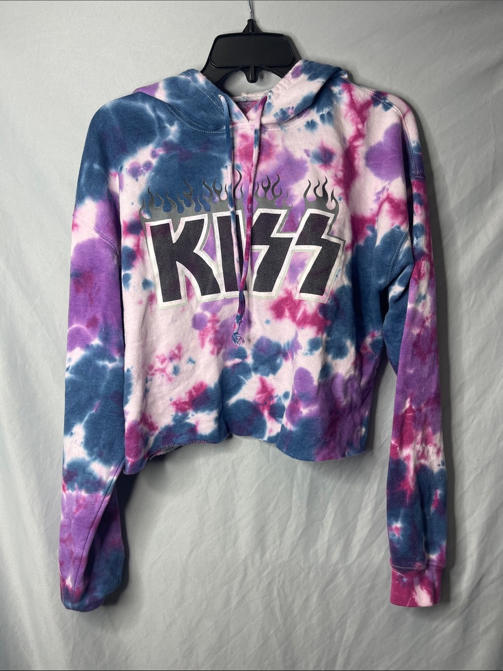 Kiss Tie-Dye Cropped Hoodie in Purple, Pink & Blue